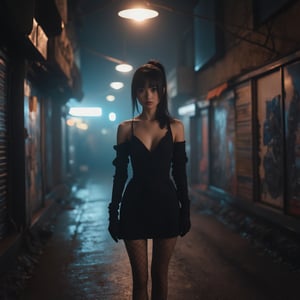 A mysterious, raven-haired woman with a ponytail and olive-toned skin stands in a dimly lit, dystopian alleyway, reminiscent of Ridley Scott's Blade Runner, with a mix of high-contrast shadows and muted neon hues. She wears a black, long-sleeved dress, fishnet stockings, and exudes an air of quiet intensity. Soft, golden light spills from a lone, overhead sodium vapor lamp, casting an eerie glow on her determined expression, while the surrounding darkness is punctuated by the faint, cool blue glow of distant LED advertisements, imbuing the scene with a sense of foreboding and tension, as captured on 35mm film with a gritty, cinematic texture and subtle film grain.