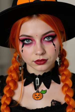 upper body portrait of 15yo cute girl with Halloween heavy makeup on face, in Gothic Haloween costume and hat,higly detailed skin texture ,(looking at camera:1.5),(gothic),fractal punk, orange braid hair, matte painting portrait shot, beautiful girl, pink fair skin, she is dressed in Halloween clothes, Pumpkin motif accessories,necklace and earrings, Halloween atmosphere, heavy makeup,orange theme