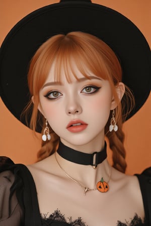 upper body portrait of 15yo cute girl with Halloween heavy makeup on face, in Gothic Haloween costume and hat,higly detailed skin texture ,(looking at camera:1.5),(gothic),fractal punk, orange braid hair, matte painting portrait shot, beautiful girl, pink fair skin, she is dressed in Halloween clothes, Pumpkin motif accessories,necklace and earrings, Halloween atmosphere, heavy makeup,orange theme