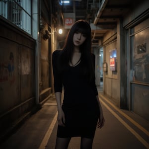 A mysterious, raven-haired woman with a long hair and olive-toned skin stands in a dimly lit, dystopian alleyway, reminiscent of Ridley Scott's Blade Runner, with a mix of high-contrast shadows and muted neon hues. She wears a black, long-sleeved dress, fishnet stockings, and exudes an air of quiet intensity. Soft, golden light spills from a lone, overhead sodium vapor lamp, casting an eerie glow on her determined expression, while the surrounding darkness is punctuated by the faint, cool blue glow of distant LED advertisements, imbuing the scene with a sense of foreboding and tension, as captured on 35mm film with a gritty, cinematic texture and subtle film grain.