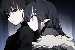 1girl and 1 boy, solo, black hair, long hair, upper body, masterpiece, best quality, very aesthetic, absurdres,gotou hitori, sagawa, masterpiece, high quality, only black hair, girl is blue eyes, and boy is black eyes, boy is wearing black hood, and girl is wering white shirts, sweet love, romantic relationship,