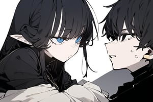 1girl and 1 boy, solo, black hair, long hair, upper body, masterpiece, best quality, very aesthetic, absurdres,gotou hitori, sagawa, masterpiece, high quality, only black hair, girl is blue eyes, and boy is black eyes, boy is wearing black hood, and girl is wering white shirts, sweet love, romantic relationship,