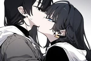 1girl and 1 boy, solo, black hair, long hair, upper body, masterpiece, best quality, very aesthetic, absurdres,gotou hitori, sagawa, masterpiece, high quality, only black hair, girl is blue eyes, and boy is black eyes, boy is wearing black hood, and girl is wering white shirts, sweet love, romantic relationship, kiss