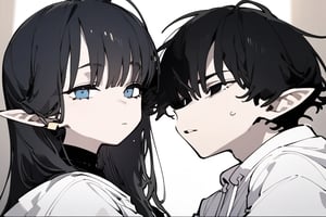 1girl and 1 boy, solo, black hair, long hair, upper body, masterpiece, best quality, very aesthetic, absurdres,gotou hitori, sagawa, masterpiece, high quality, only black hair, girl is blue eyes, and boy is black eyes, boy is wearing hood, and girl is wering white shirts, sweet love, romantic relationship