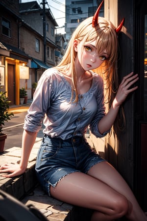 girl, blonde hair, beautiful, detailed background, (medium short shot), short white shirt, shorts, no shoes, long hair, yellow eyes, alone, on top of a building,red horns, at night,highly detailed.,Power/Chainsaw,muscle mommy,Red horns,ghostrider,Futuristic room,makima (chainsaw man),power_chainsawman,power_csm,IncrsPajChal,Perfect lips,HeadpatPOV