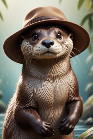 otter with wide brimmed hat.illustration,highly detailed,detailed background,artwork,beautiful brown eyes,brown fur