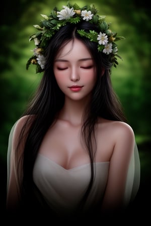 (masterpiece, best quality, ultra-detailed,  8K), high detail, realisitc detailed, a beautiful young woman with long flowy black hair over off shoulders,  wreath,  radiant and beautiful eyes,  gently closed eyes,  pale soft skin,  kind smile,  glossy lips, a serene and contemplative mood, dark botanical background, fashion shoot, cinematic pose,