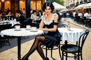 A vintage oil painting of an elegant french woman sitting at the table in front of her on Parisian street cafe, black stockings and high heels shoes, black hair with white ruffles, detailed face features, outdoor coffee tables and chairs, neutral soft colors, vintage_p_style