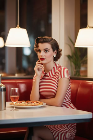 "A scene in a 50s Dinners depicts a girl sitting on a table, short hair, captured in a full-body shot. The european girl is looking directly towards the camera, with a relaxed expression.
photography of , 1girl, 20yo woman,short hair,  masterpiece, red_dress with white stripes, eating  slice of pizza in hand,The atmosphere of the place is filled  with soft lights and background creating a cozy and vibrant ambiance
,photorealistic,analog,realism