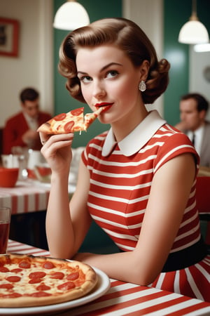 photography of a 50s Dinners, 1girl, 20yo woman,short hair,  masterpiece, red_dress with white stripes, eating  slice of pizza in hand
,photorealistic,analog,realism