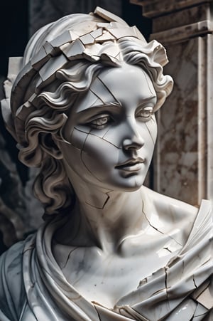 A beautiful broken Venus statue, broken woman represented by a marble stone statue breaking apart in the style of an eerie digital painting, Close up