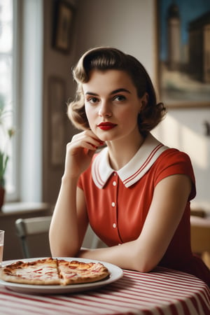 "A scene in a 50s Dinners depicts a girl sitting on a table, short hair, captured in a full-body shot. The european girl is looking directly towards the camera, with a relaxed expression.
photography of , 1girl, 20yo woman,short hair,  masterpiece, red_dress with white stripes, eating  slice of pizza in hand,The atmosphere of the place is filled  with soft lights and background creating a cozy and vibrant ambiance
,photorealistic,analog,realism,better photography