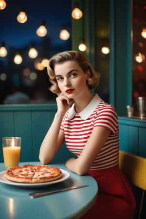 "A scene in a 50s Dinners depicts a girl sitting on a table, short hair, captured in a full-body shot. The european girl is looking directly towards the camera, with a relaxed expression.
photography of , 1girl, 20yo woman,short hair,  masterpiece, red_dress with white stripes, eating  slice of pizza in hand,The atmosphere of the place is filled  with soft lights and background creating a cozy and vibrant ambiance
,photorealistic,analog,realism,better photography