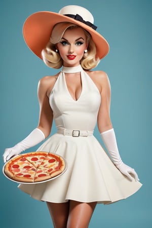 A stunning retro-inspired poster featuring a beautiful pin-up model in a 1960s fashion. She is wearing a classic white halter-neck dress with a full skirt and white gloves, accessorized with a chic pillbox hat. The main focus is her holding a slice of pizza, a playful twist on the typical pin-up look. The colors are vibrant and reminiscent of the 1960s era, with a touch of modern flair in the photograph., photo, fashion, product, poster,DonMM1y4XL,3D