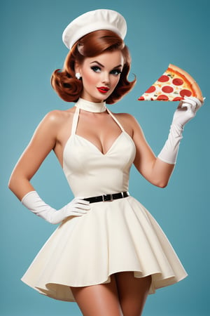 A stunning retro-inspired poster featuring a beautiful pin-up model in a 1960s fashion. She is wearing a classic white halter-neck dress with a full skirt and white gloves, accessorized with a chic pillbox hat. The main focus is her holding a slice of pizza, a playful twist on the typical pin-up look. The colors are vibrant and reminiscent of the 1960s era, with a touch of modern flair in the photograph., photo, fashion, product, poster,DonMM1y4XL,3D