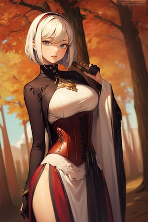 1girl, female_solo, white hair with green streaks, blue eyes, (steampunk style outfit, corset, warrior), gentle breeze, japanese maple tree leaves, red leaves Maple tree, autumn_leaves, momiji, sparkling magic, BREAK masterpiece, best quality, amazing quality, very aesthetic, absurdres, depth of field, score_9, score_8, score_7, score_6, sexy girl, holding a white mask in her hand