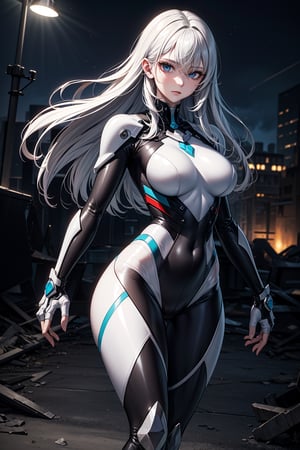 A woman with white hair, with red streaks, and blue eyes with white triangle-shaped irises. She wears a futuristic but not overly technological battle outfit, similar to a tight black suit with metallic details. The background shows a scene of unprecedented destruction, with collapsed buildings and a dark sky, giving a feeling of chaos and despair. The lighting is dim, with city lights shining in the distance. The expression on his face is determined and confident, ready to face any challenge.Positive prompt: "high resolution, perfect anatomy, well-drawn hands, clear image, all fingers present, no extra digits or less, correct proportions, complete image, high quality, detailed art, no jpeg artifacts, no signatures or watermarks, no text, focused image, high quality and detailed background, full limbs, no amputations, no deformations, correct facial proportions, beautiful, well drawn, no mutations , correct saturation, proportionate, smooth skin, no duplicates, no blurs, vivid colors, no blurs, clear and sharp illustration, no graffiti, no low quality art, no simple low resolution backgrounds, perfect anatomy, no disfigurements, good face drawn, precise details, correct saturation, well proportioned, no additional shadows, no image duplicates, vivid colors, no blurring, no painting, no sketches, high quality, high resolution, vibrant colors, correct proportions, without looking away, well-positioned head, clear and sharp art, no anatomical errors, no jpeg artifacts, no signatures or watermarks, no text, well-drawn foot details, complete image"