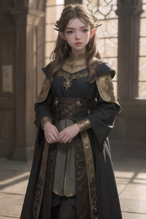 masterpiece, best quality, highres, high detail eyes, ultradetailed, high_res, 8K, HD, (lifelike rendering), ((Anya Taylor-Joy)), elf, fantasy, medieval noble clothing, (castle), standing, dark theme, soothing tones, muted colors, high contrast