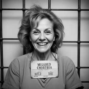 A worn, cracked mugshot captures the mischievous grin of a middle-aged woman imprisoned behind steel bars. Her eyes sparkle with playfulness as she contorts her face into an exaggerated expression of humor, despite the seriousness of her surroundings.
