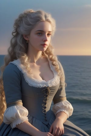 score_9, score_8_up, score_8, French noble girl in the 17th century, grey blonde hair, (very long hair, curly_hair), sitting at sea bank, horizon, seaside,vivid sea color, sunset,Best Quality, 32k, photorealistic, ultra-detailed, finely detailed, high resolution, perfect dynamic composition, beautiful detailed eyes, sharp-focus, cowboy_shot, 