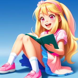 Close-up of a happy little girl with long, flowing blond hair and big, expressive eyes, joyfully coloring in a book, wearing pink, blue, and white shoes, rendered in a vibrant Disney Pixar animation style, capturing the essence of a beloved animated character.