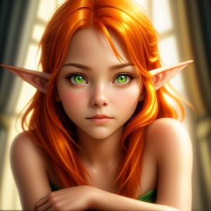 A close-up portrait of a girl with a beautiful face, striking green eyes, vibrant orange hair, and distinct elf ears, posing straight ahead with soft, even lighting and a focused composition.