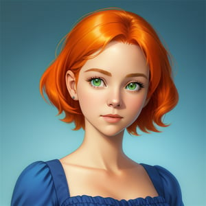 (Masterpiece, best quality) Close-up of Gwen Tennyson, a single girl with vibrant orange short hair and striking green eyes, wearing a classic blue dress, capturing her iconic style and charm in exceptional detail.
