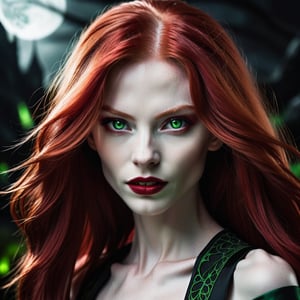 "Close-up portrait of a red-headed alien with long flowing hair and two striking green eyes, alongside a female vampire with pale skin, sharp fangs, and deep red eyes, both set against a dark, mysterious background, highlighting their contrasting yet captivating features."