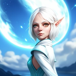 Close-up of a white-haired female alien with two large, expressive eyes and two pointed elf ears, gazing intently straight ahead, showcasing her unique, otherworldly features.