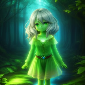 "A vibrant image of a green alien girl with glowing eyes, standing in a mysterious forest setting. The shot captures her curious expression, framed by her flowing silver hair, under a soft, ethereal lighting. The composition highlights her otherworldly features, blending seamlessly with the surreal environment."