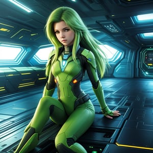 Beautiful alien girl with green skin and long hair, striking a cinematic pose inside a futuristic spaceship. The scene is set in a sci-fi environment with sharp focus and vibrant colors, captured in an 8k resolution cowboy shot.