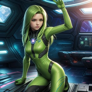 Beautiful alien girl with green skin and long hair, striking a cinematic pose inside a futuristic spaceship. The scene is set in a sci-fi environment with sharp focus and vibrant colors, captured in an 8k resolution cowboy shot.