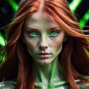 "Close-up portrait of a red-headed alien with long flowing hair and two striking green eyes, set against a dark, mysterious background, highlighting the vivid colors and intense gaze."