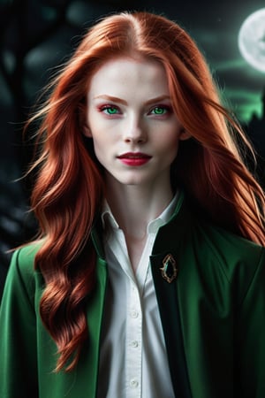 "Close-up portrait of a young red-headed alien with long flowing hair and two striking green eyes, alongside a young female vampire with pale skin, sharp fangs, and deep red eyes, both set against a dark, mysterious background, highlighting their youthful and captivating features."