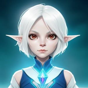 Close-up of a white-haired female alien with two large, expressive eyes and two pointed elf ears, gazing intently straight ahead, showcasing her unique, otherworldly features.