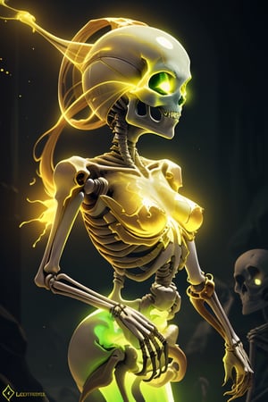 green female alien etherea, beautiful hair,glowing skeleton,glowing gold