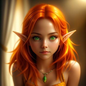 A close-up portrait of a girl with a beautiful face, striking green eyes, vibrant orange hair, and distinct elf ears, posing straight ahead with soft, even lighting and a focused composition.