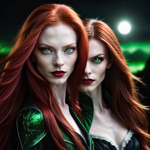 "Close-up portrait of a red-headed alien with long flowing hair and two striking green eyes, alongside a female vampire with pale skin, sharp fangs, and deep red eyes, both set against a dark, mysterious background, highlighting their contrasting yet captivating features."