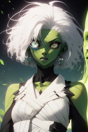 female green alien with white hair two eyes