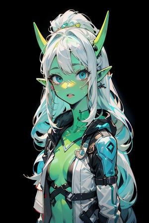 cartoon,MadokaAi white-haired female green alien with two eyes with two elf ears