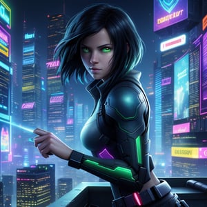 A lone female hacker with medium black hair and green eyes, perched on a rooftop, her fingers dancing across a holographic interface. Her expression mixes defiance and exhilaration as she gazes at a cityscape bathed in neon glow from holographic ads. She stealthily cracks into the city's digital infrastructure, fighting for freedom and justice in a tech-controlled world.