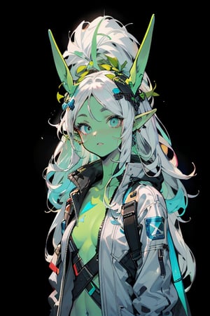 white-haired female green alien with two eyes with two elf ears  looking straight ahead