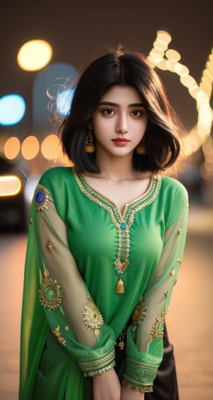 4k,best quality,masterpiece,20yo 1 indian girl, 
muscular fit body, pakistani clothes , ((short hair with long locks:1.2)), black hair, bokeh, stages, 
real person, color splash style photo,
,Colors,1 girl ,photorealistic