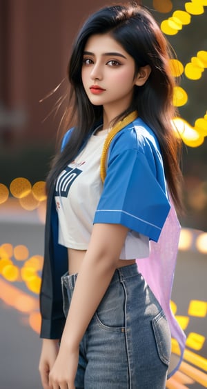 4k,best quality,masterpiece,20yo 1 indian girl, 
, ((short hair with long locks:1.2)), black hair, bokeh, stages, 
real person, color splash style photo,
,Colors,1 girl and 1 boy ,photorealistic , trouser shirt , written on shirt >>((Nadia Ansari )) , 