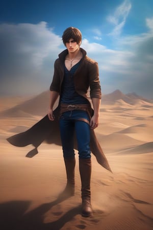 one_boy, tall, white boy, brown hair, tall man, blue dark eyes, best quality, hd, full body, hdr, 4k, black shirt, sexy, beautiful, realistic, eren jeager, beautiful eyes, black pants, realism, fantasy, hd, humanoid, complete body, human, most realistic, 1boy, eren jeager, powerful sorcerer, full body, dark blue eyes, desert behind, mix of fantasy and realism, special effects, fantasy, ultra HD, HDR, 4K,  long hair, 