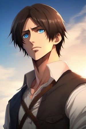 one_boy, tall, white boy, brown hair, tall man, blue dark eyes, best quality, hd, full body, hdr, 4k, black shirt, sexy, beautiful, realistic, eren jeager, beautiful eyes, black pants, realism, fantasy, hd, humanoid, complete body, human, most realistic, 1boy, eren jeager, powerful sorcerer, full body, dark blue eyes, big walls behind, realism, special effects, ultra HD, HDR, 4K, long hair, whitout shirt, attack on titan