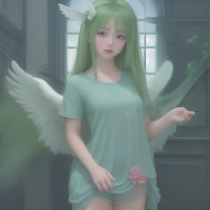 green hair, girl, blue eyes,angel, flying, with katana in her hand, medium long hair, hand_up, cute, wings, fantasy, realistic,milfication