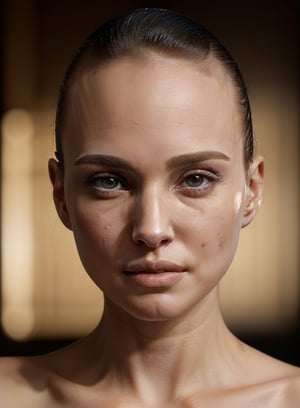 A close-up shot of Natalie Portman's scalp, lit with a warm, golden light, highlighting every detail of her newly shaved bald head. The camera frames her face, focusing on the smooth, unadorned skin, with a subtle shadow on the forehead and temples. Her eyes, still expressive, gaze directly into the lens, conveying a sense of vulnerability and confidence.