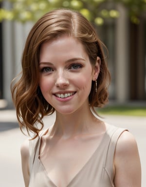 Anna Kendrick's whimsical smile brightens up a sunny afternoon as she gazes directly into the camera, her curly brown locks tied back in a sleek ponytail, framing her heart-shaped face. Soft focus and warm natural light accentuate her radiant complexion, with a subtle gradient of shadows adding depth to her features.