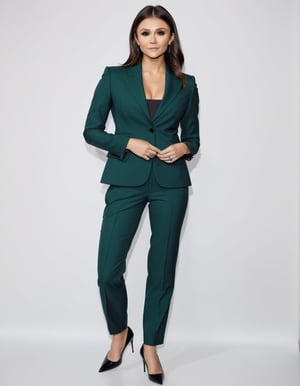 Nina Dobrev wears Hunter Green Suit and Black High Heels.